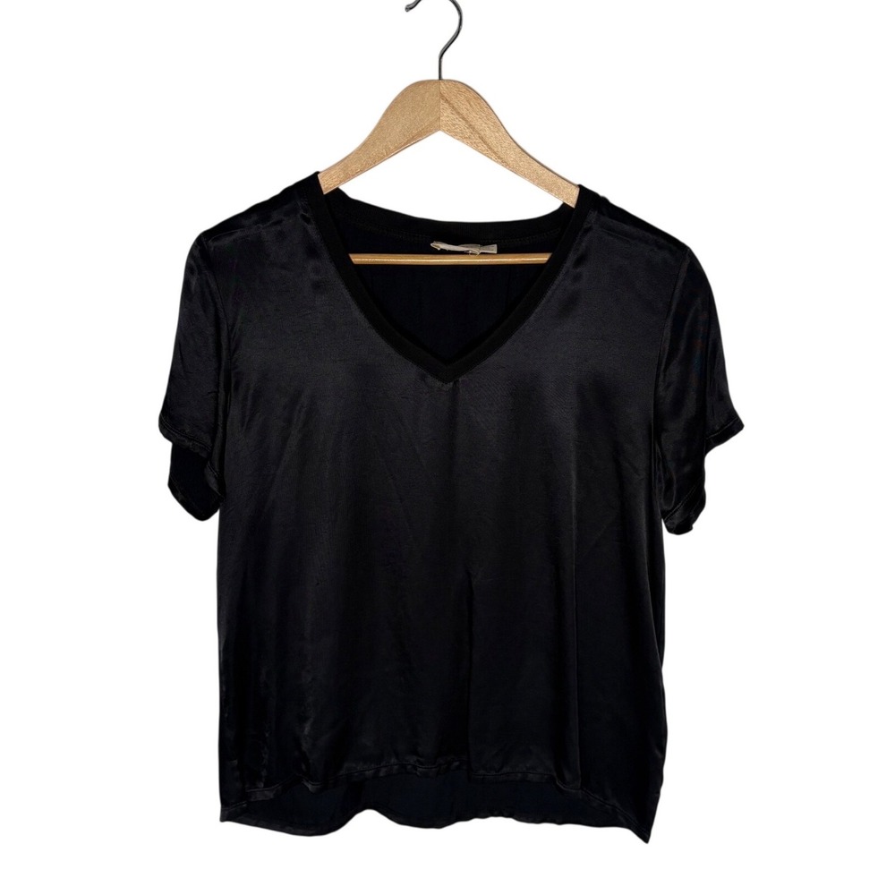 Nation LTD Womens Black V-Neck‎ Mixed Media Satin Front T-Shirt Size Medium
